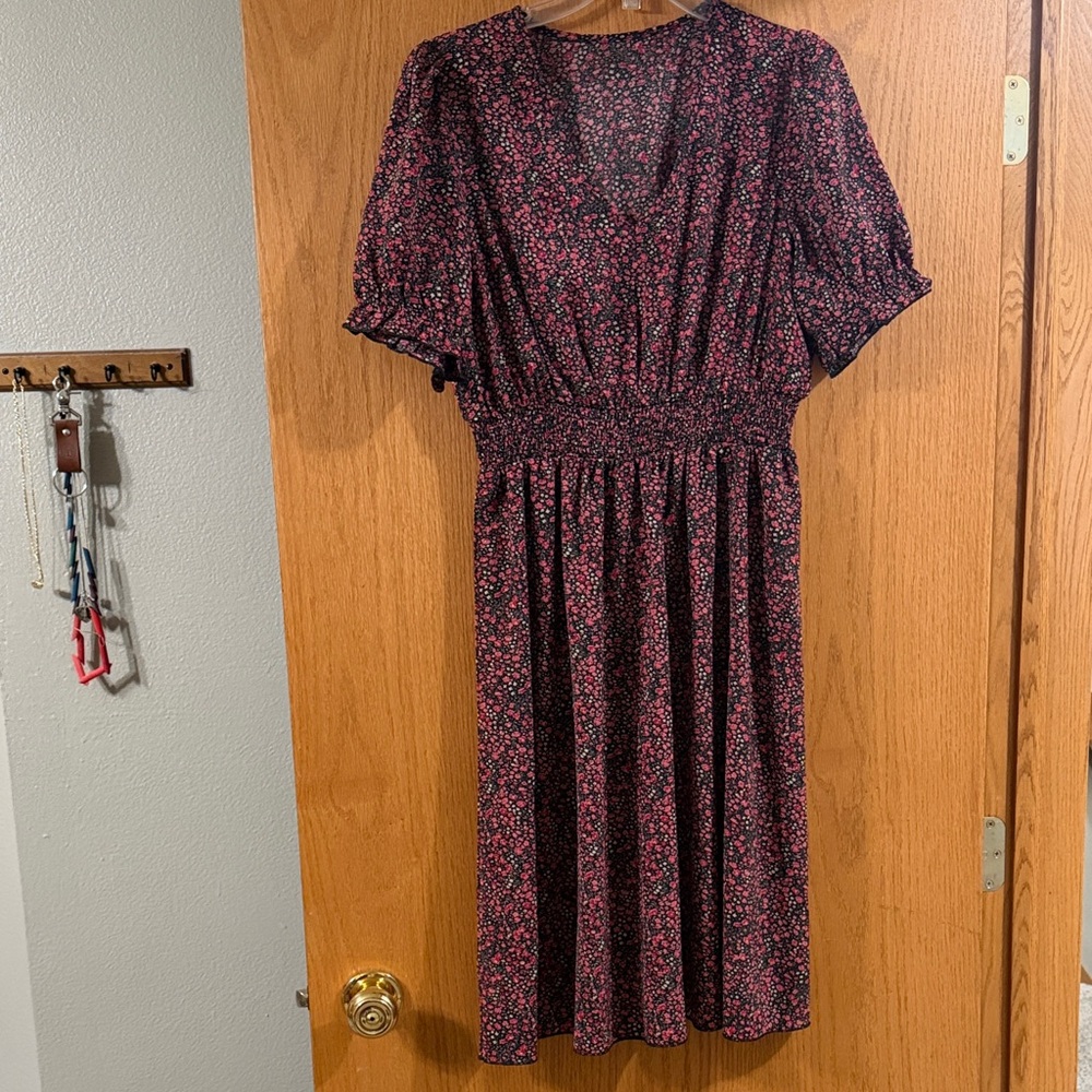 SHEIN Black and Pink Floral Midi Dress